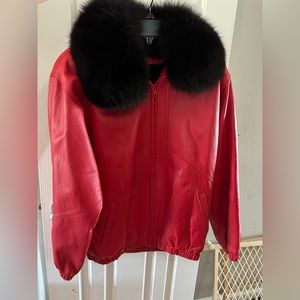 Red leather with black Fox fur bomber jacket size MEDIUM EUC Only Worn Twice